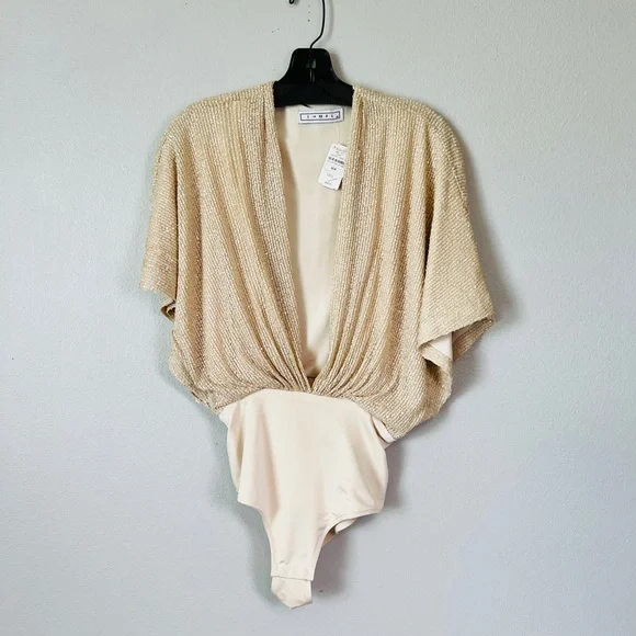 NWT IN THE MOOD FOR LOVE Champagne Cream Dolman Sequin Plunge Neckline Bodysuit - Picture 6 of 9